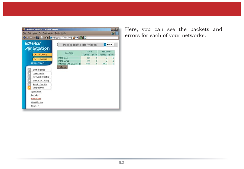 Packet traffi c information | Buffalo Technology Buffalo AirStation MIMO240 Wireless Cable/DSL Router WZR-G240 User Manual | Page 52 / 74