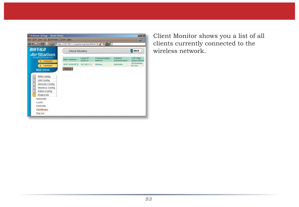 Client monitor | Buffalo Technology Buffalo AirStation MIMO240 Wireless Cable/DSL Router WZR-G240 User Manual | Page 53 / 74