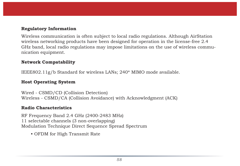 Specifi cations | Buffalo Technology Buffalo AirStation MIMO240 Wireless Cable/DSL Router WZR-G240 User Manual | Page 58 / 74