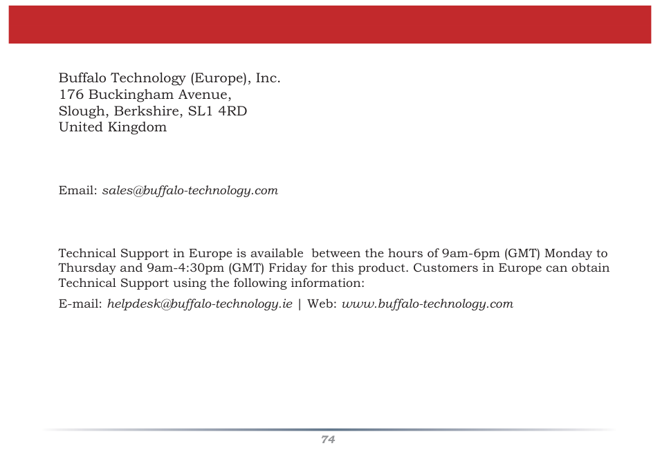 Contact information | Buffalo Technology Buffalo AirStation MIMO240 Wireless Cable/DSL Router WZR-G240 User Manual | Page 74 / 74