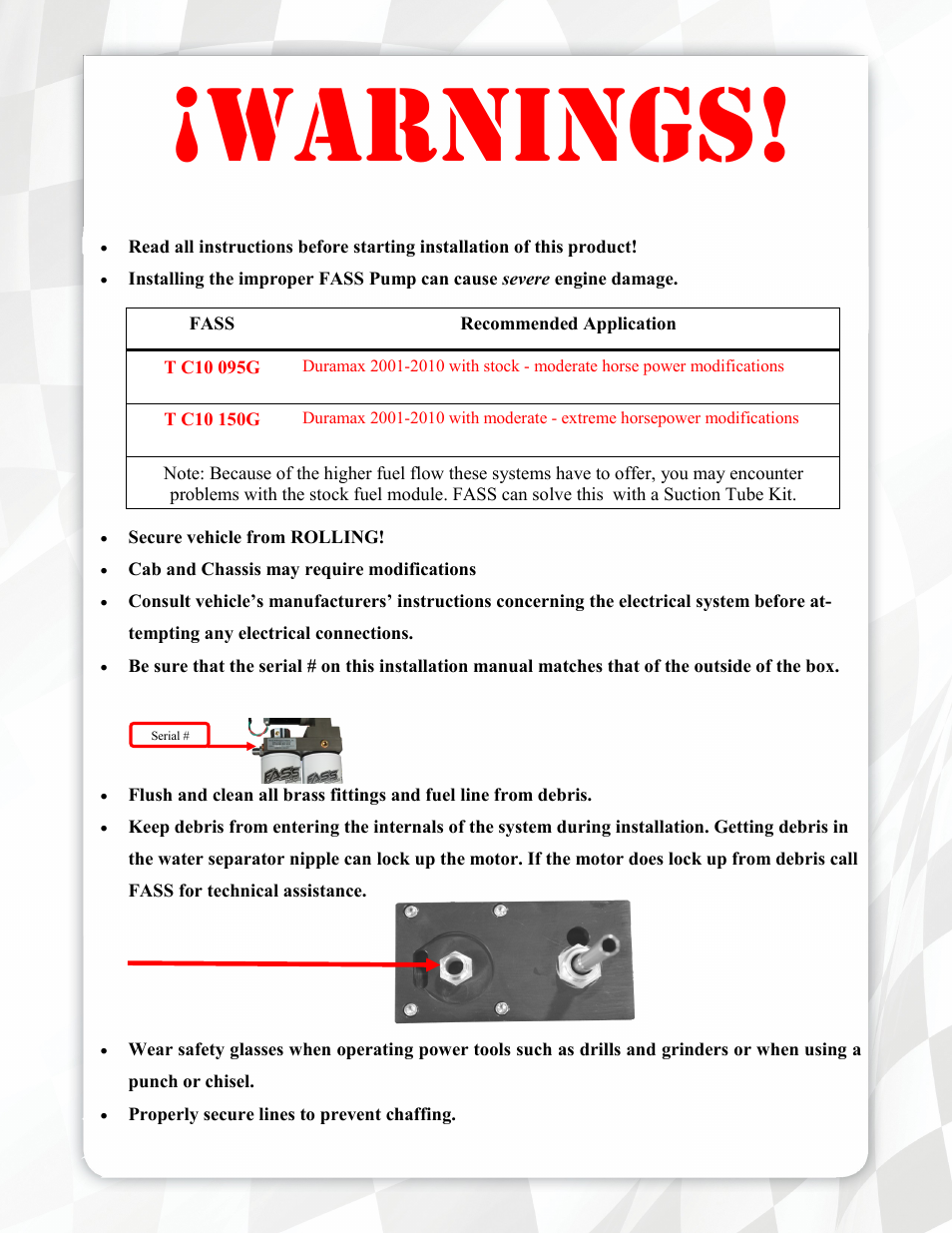 Warnings | FASS T C10 150G User Manual | Page 3 / 20