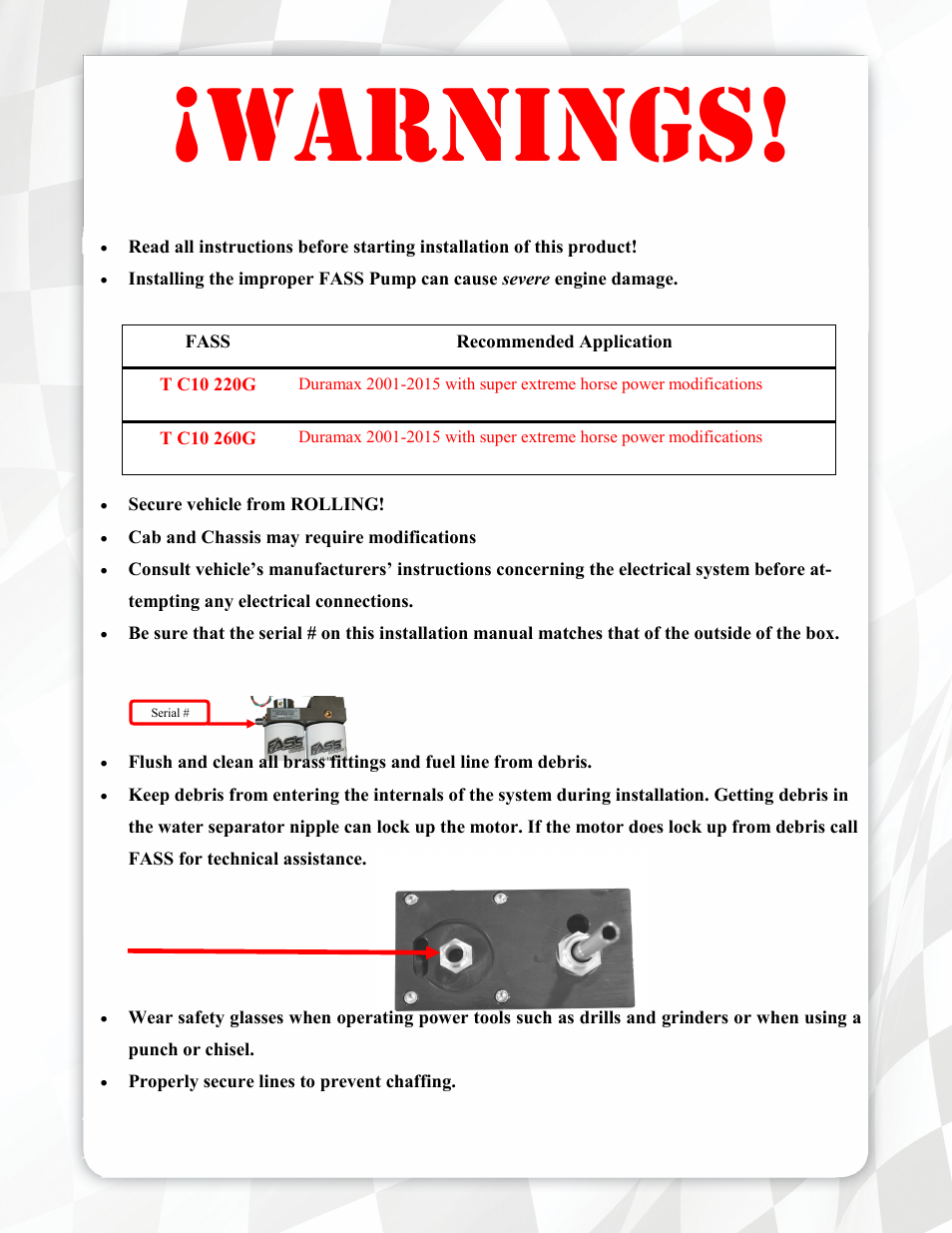 Warnings | FASS T C10 260G User Manual | Page 3 / 21