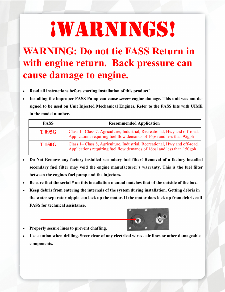 Warnings | FASS T 150G User Manual | Page 3 / 23