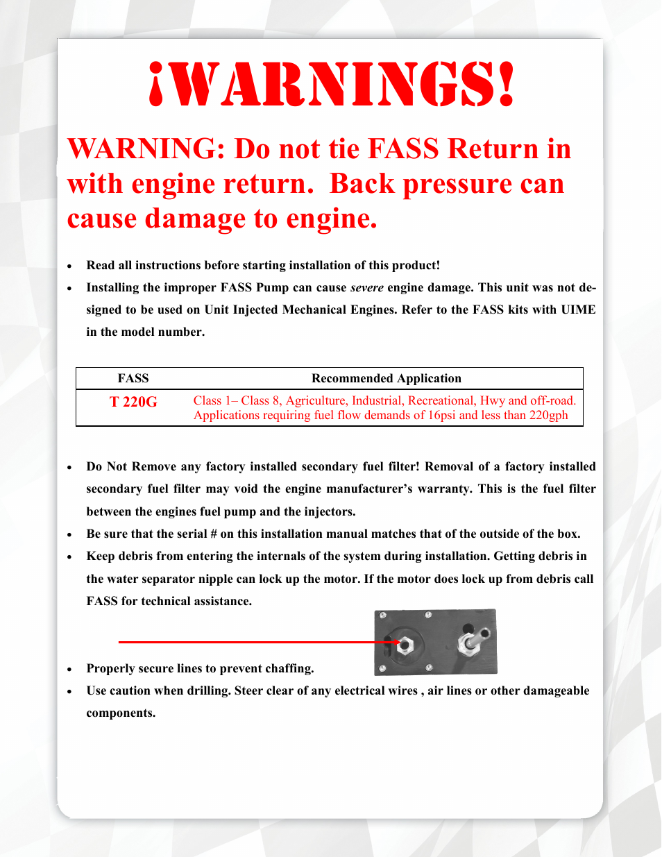 Warnings | FASS T 220G User Manual | Page 3 / 23