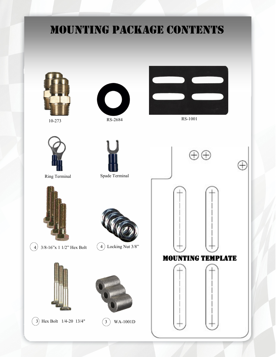 Mounting package contents, Mounting template | FASS T 220G User Manual | Page 7 / 23