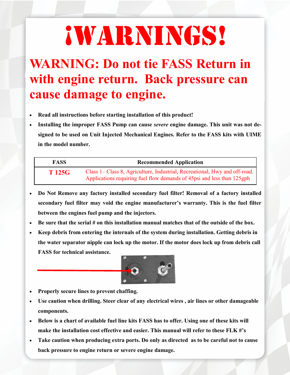 Warnings | FASS T 125G User Manual | Page 3 / 23