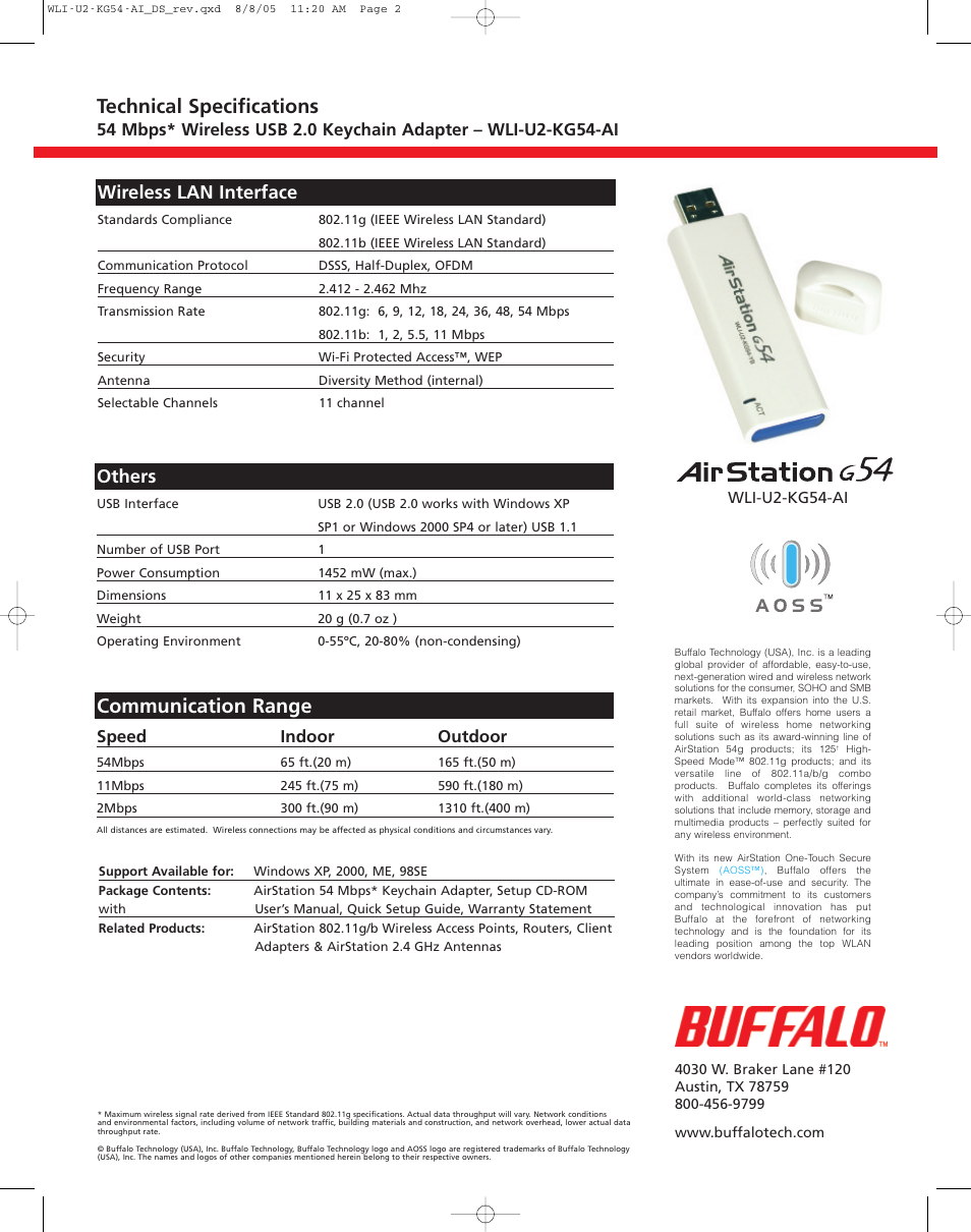 Communication range, Technical specifications, Others | Wireless lan interface, Speed indoor outdoor, Wli-u2-kg54-ai | Buffalo Technology WLI-U2-KG54-AI User Manual | Page 2 / 2