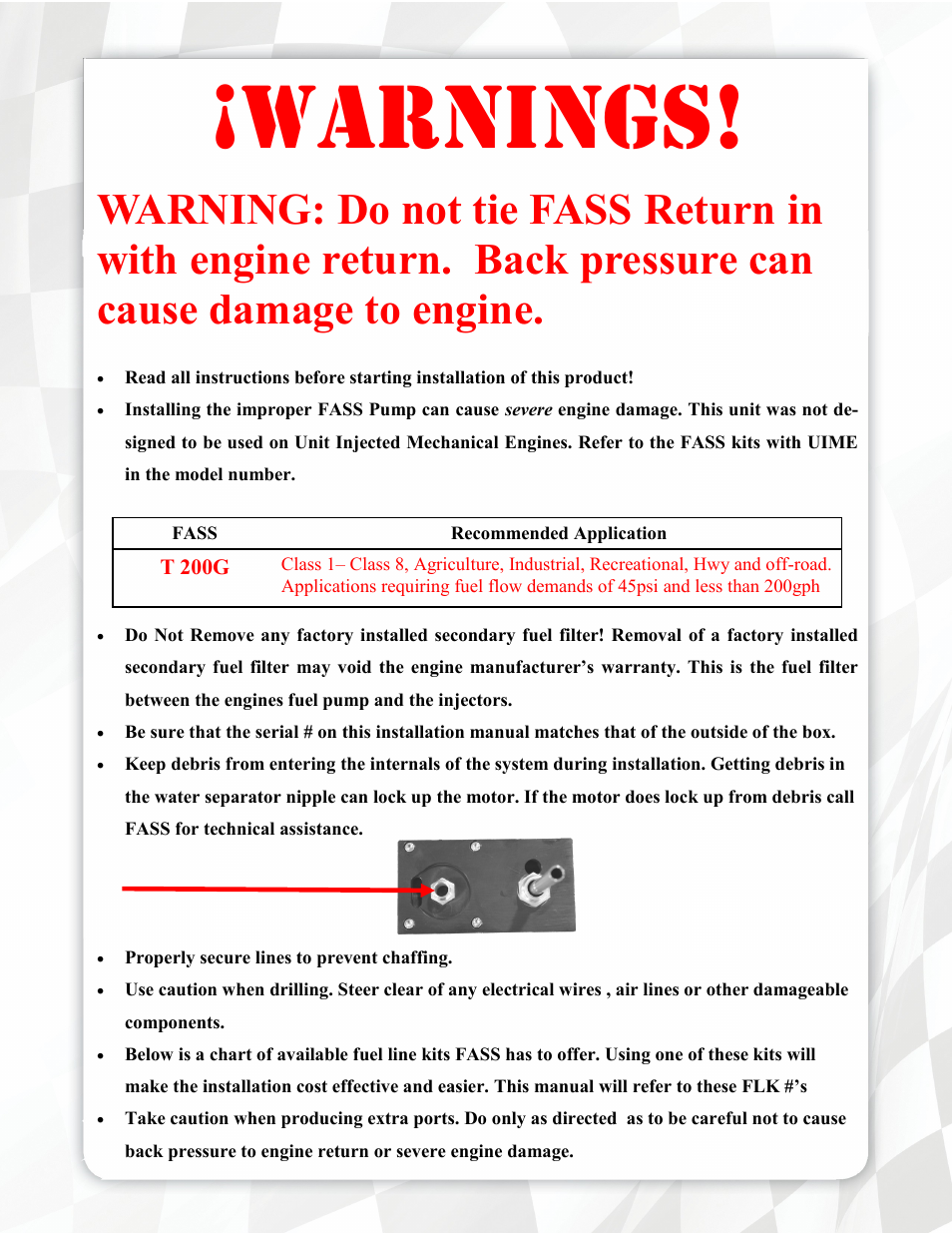 Warnings | FASS T 200G User Manual | Page 3 / 23