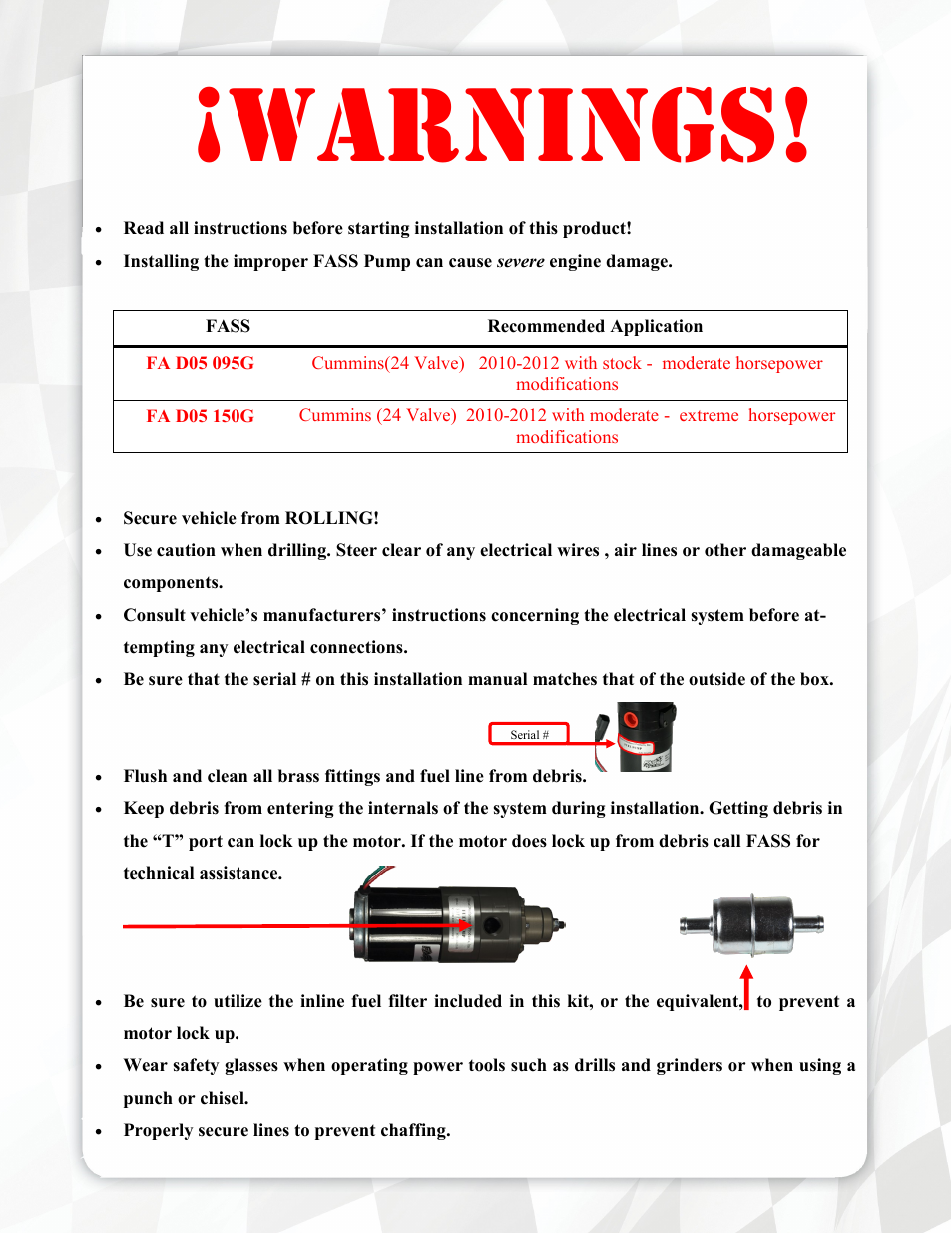 Warnings | FASS FA D05 150G User Manual | Page 3 / 16