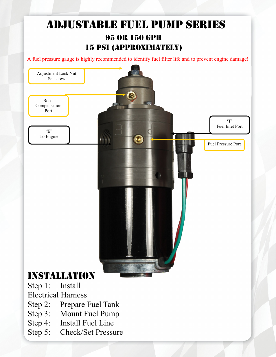 Adjustable fuel pump series, Installation | FASS FA D05 150G User Manual | Page 5 / 16