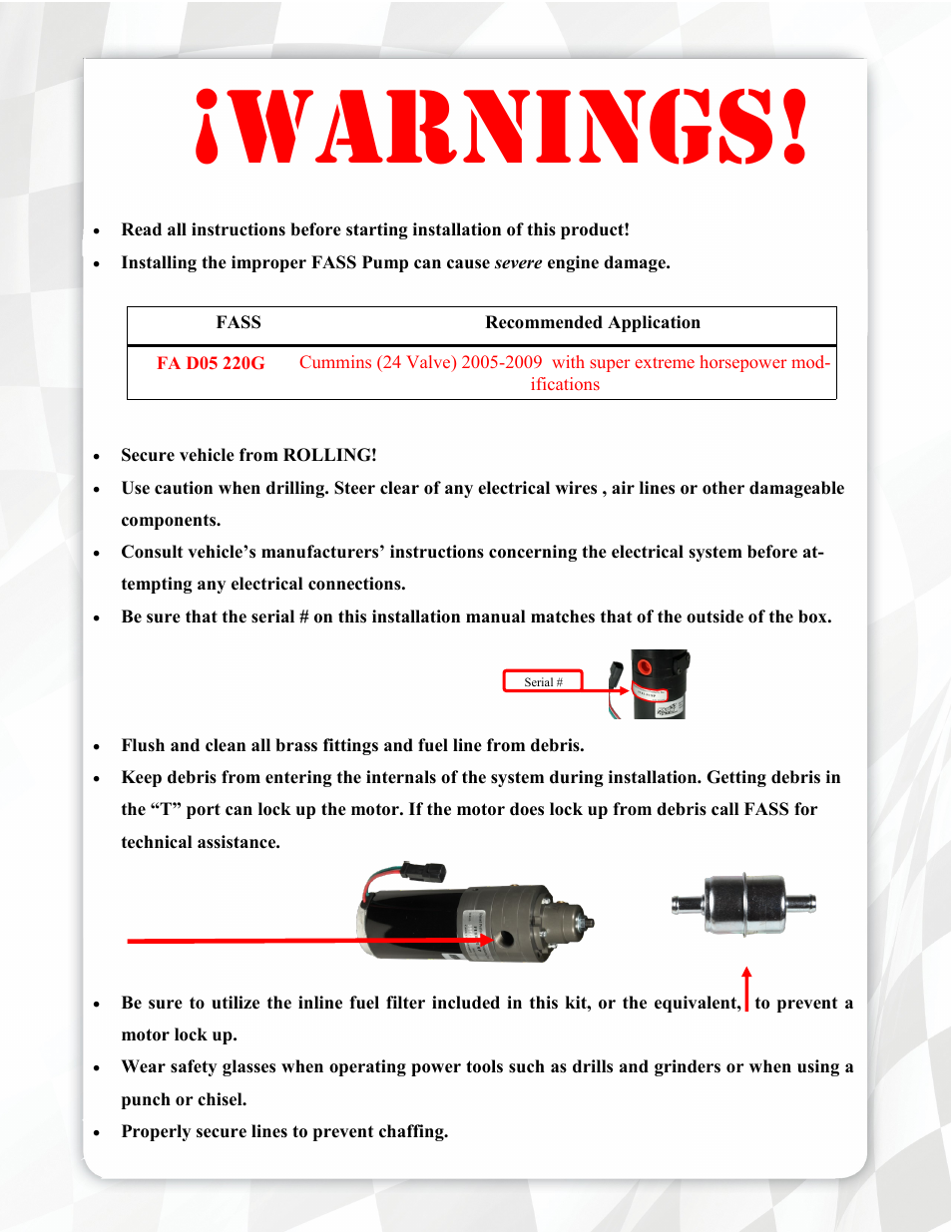 Warnings | FASS FA D05 220G User Manual | Page 3 / 16