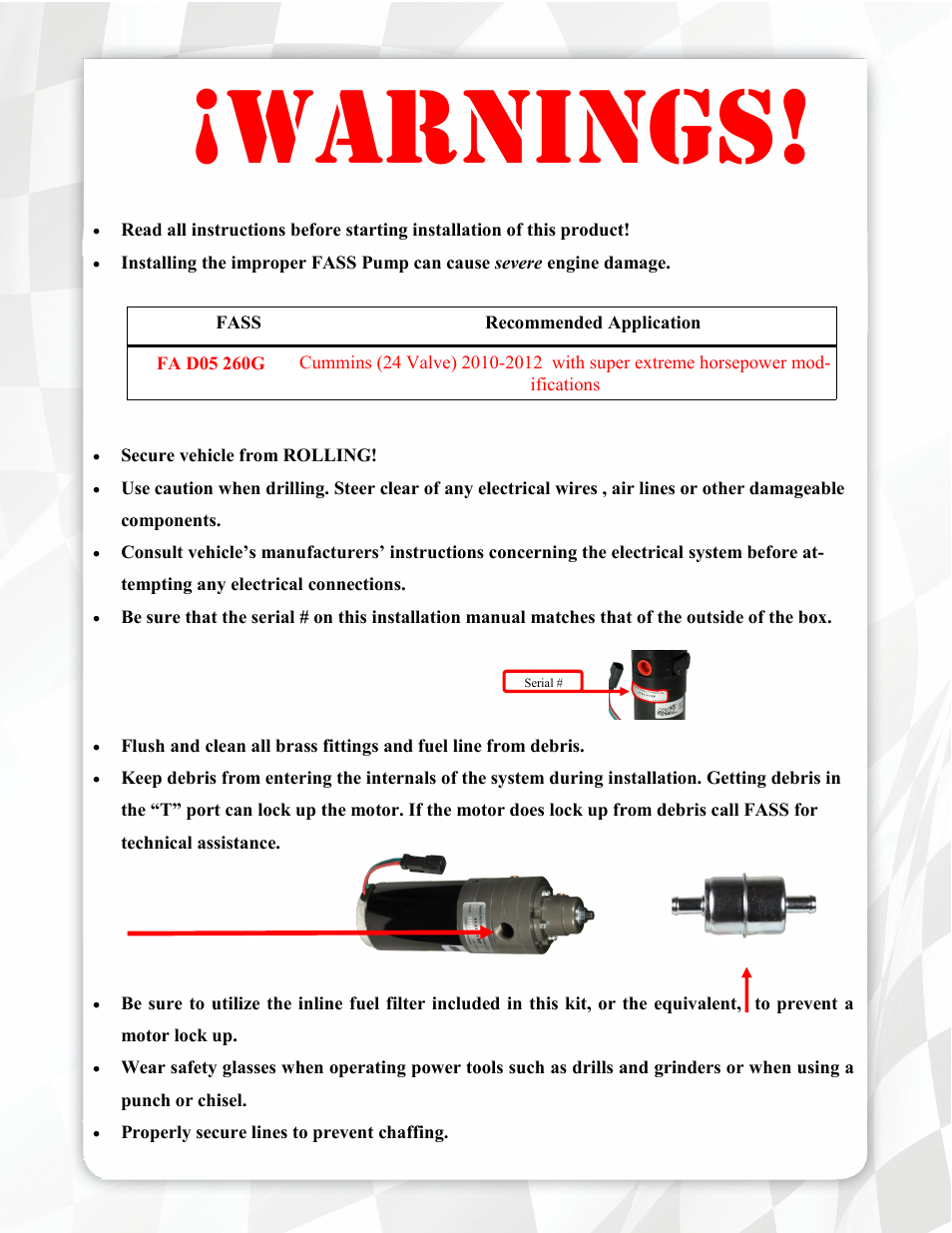 Warnings | FASS FA D05 260G User Manual | Page 3 / 16