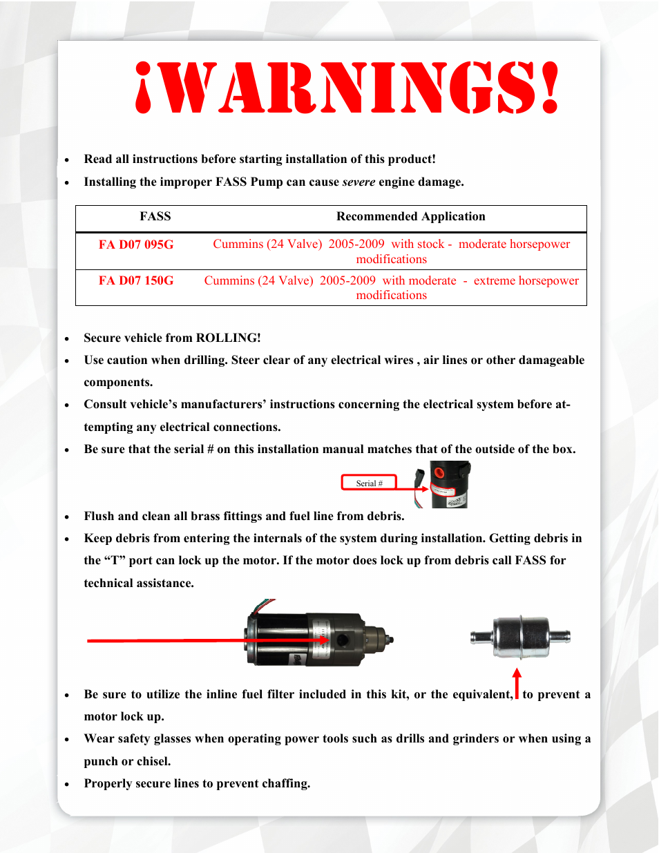 Warnings | FASS FA D07 150G User Manual | Page 3 / 16