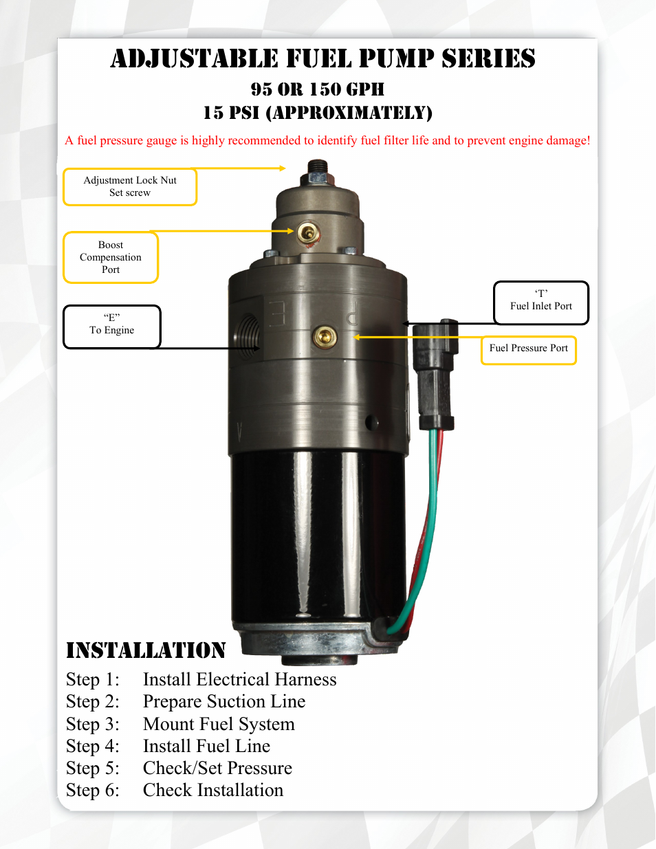 Adjustable fuel pump series, Installation | FASS FA D07 150G User Manual | Page 5 / 16