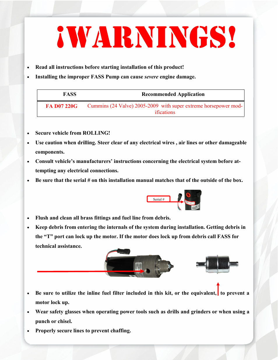 Warnings | FASS FA D07 220G User Manual | Page 3 / 16