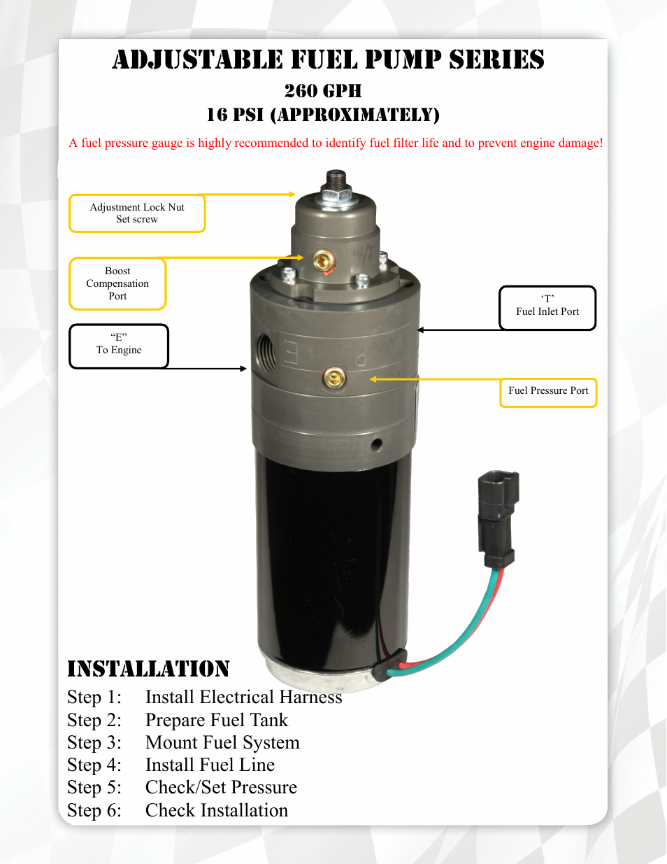 Adjustable fuel pump series, Installation | FASS FA D07 260G User Manual | Page 5 / 16