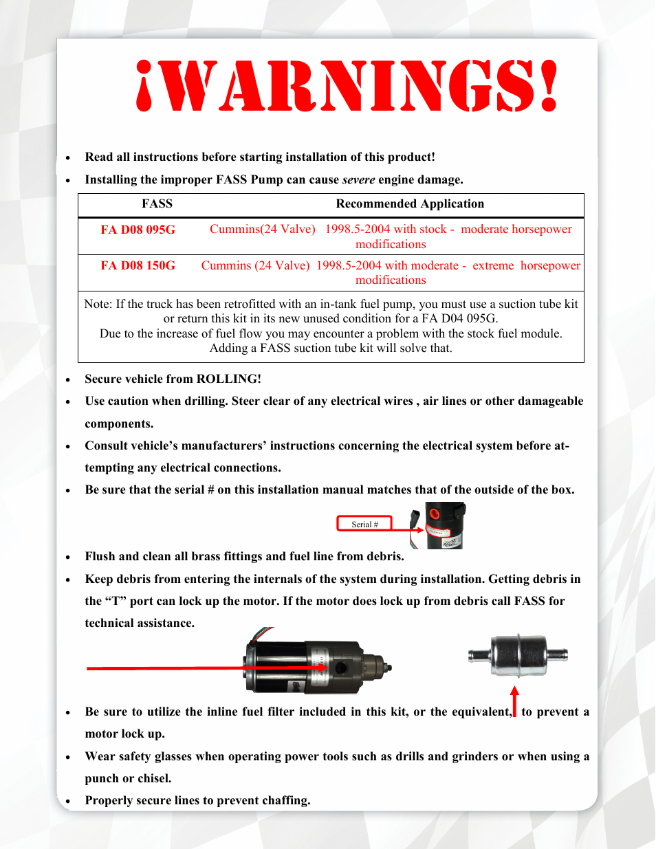 Warnings | FASS FA D08 150G User Manual | Page 3 / 16