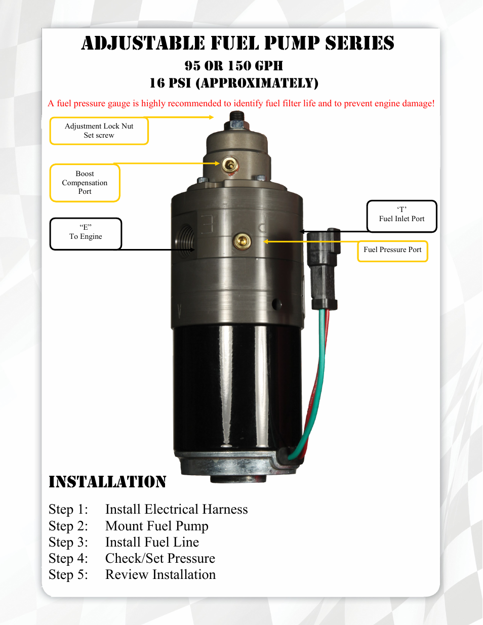 Adjustable fuel pump series, Installation | FASS FA D08 150G User Manual | Page 5 / 16
