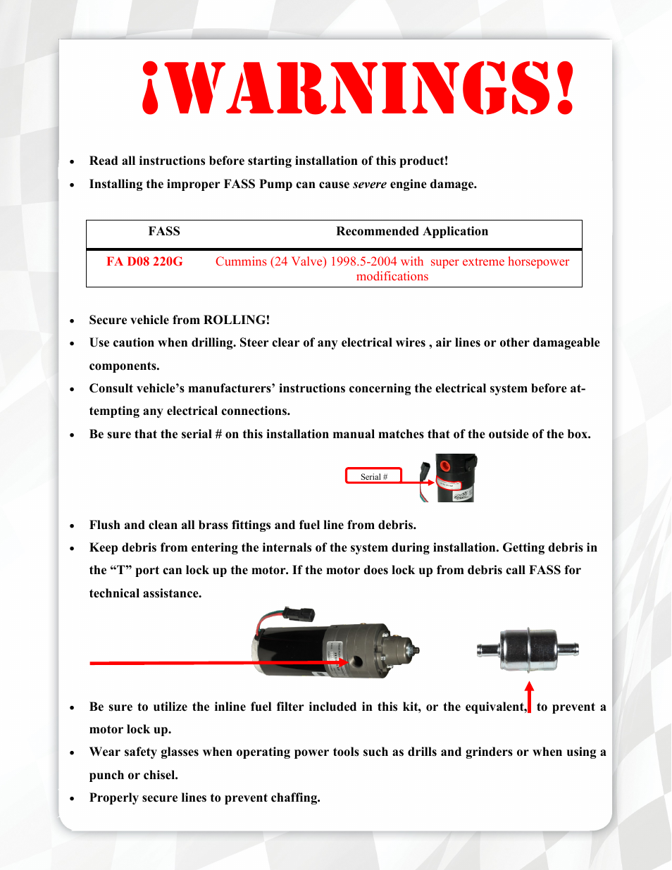 Warnings | FASS FA D08 220G User Manual | Page 3 / 18