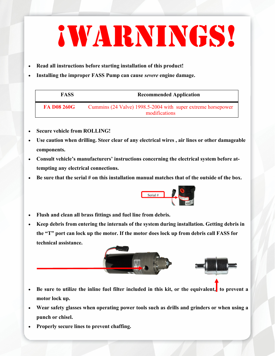 Warnings | FASS FA D08 260G User Manual | Page 3 / 18