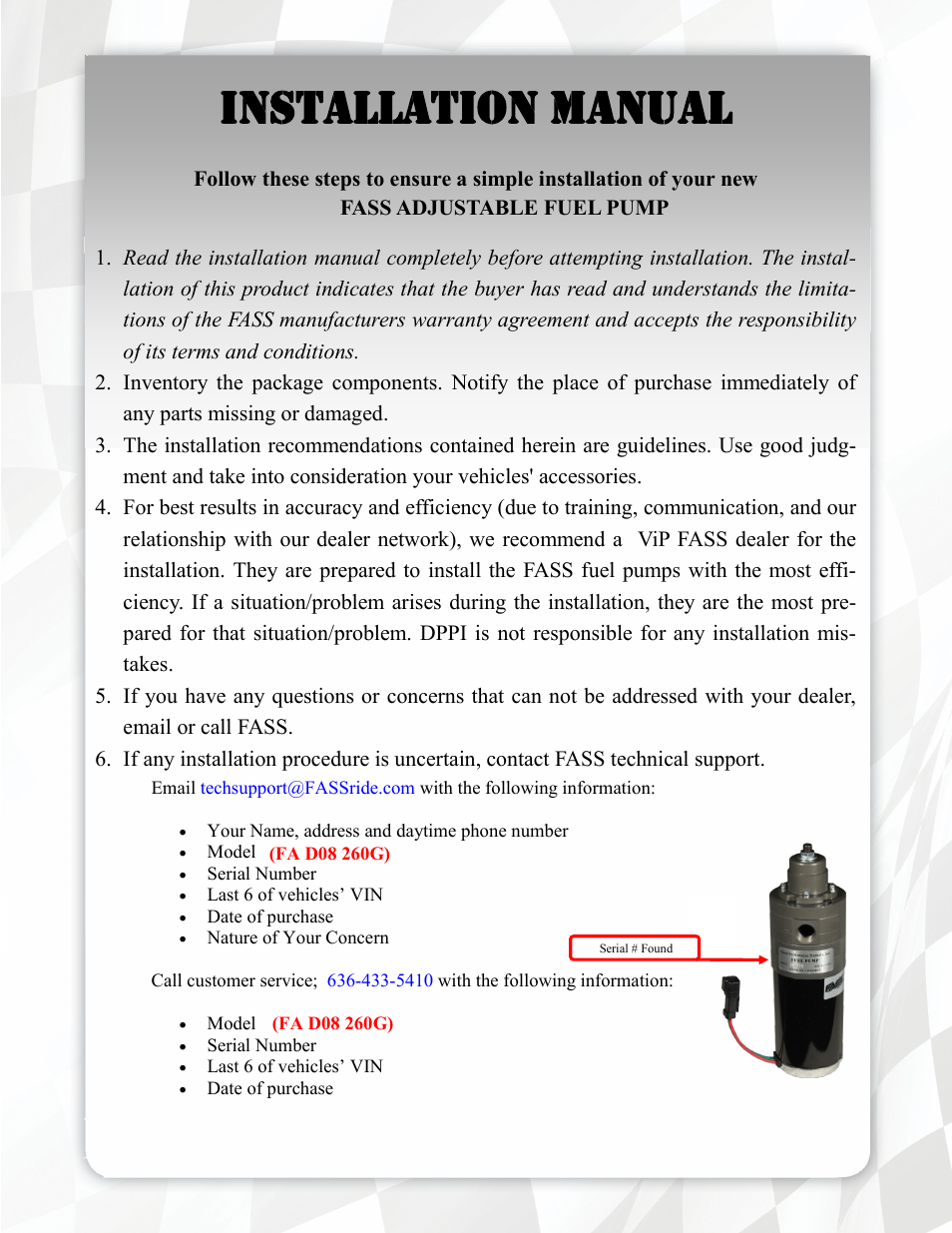 Installation manual | FASS FA D08 260G User Manual | Page 4 / 18
