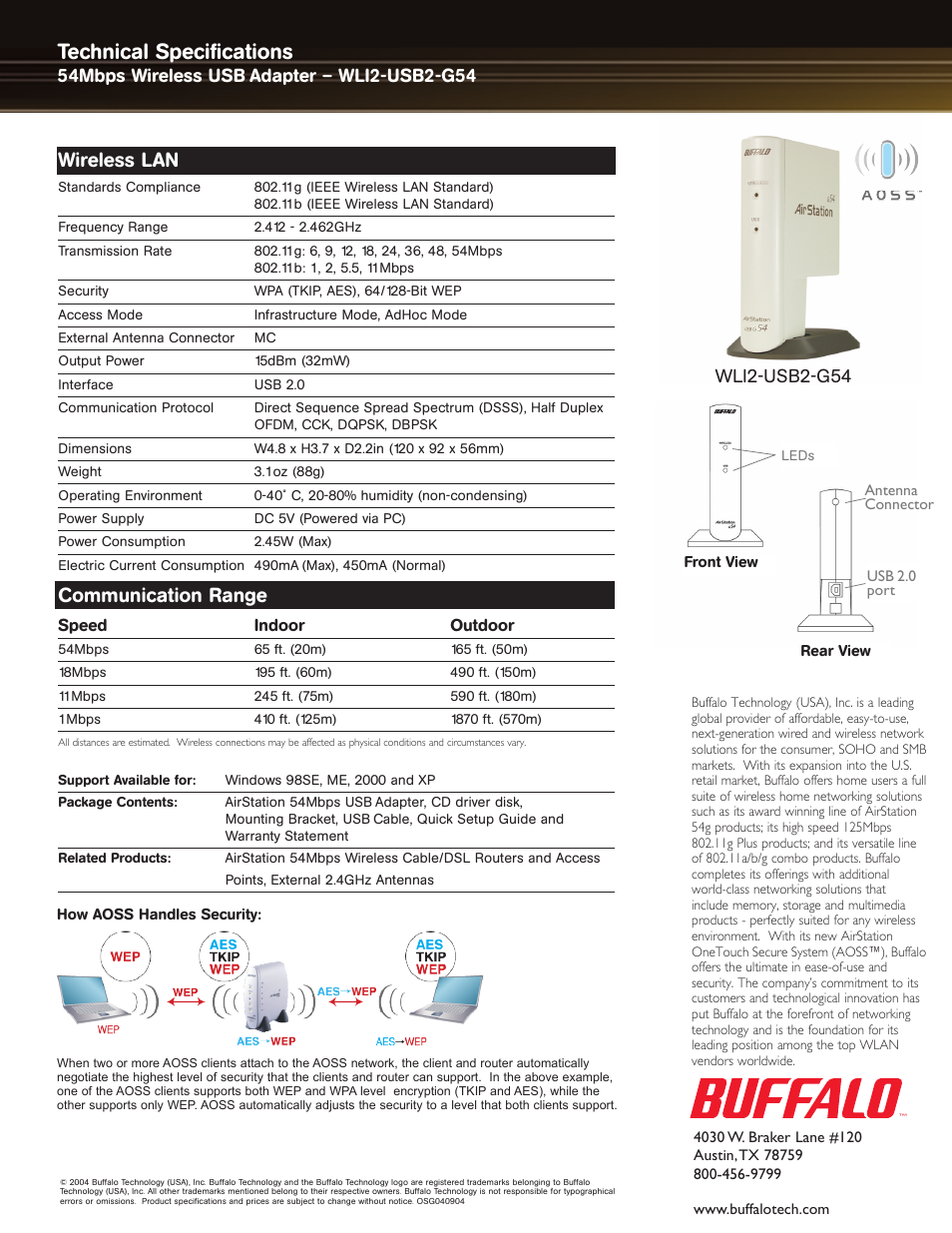 Technical specifications, Communication range, Wireless lan | Wli2-usb2-g54 | Buffalo Technology AIRSTATION WLI2-USB2-G54 User Manual | Page 2 / 2