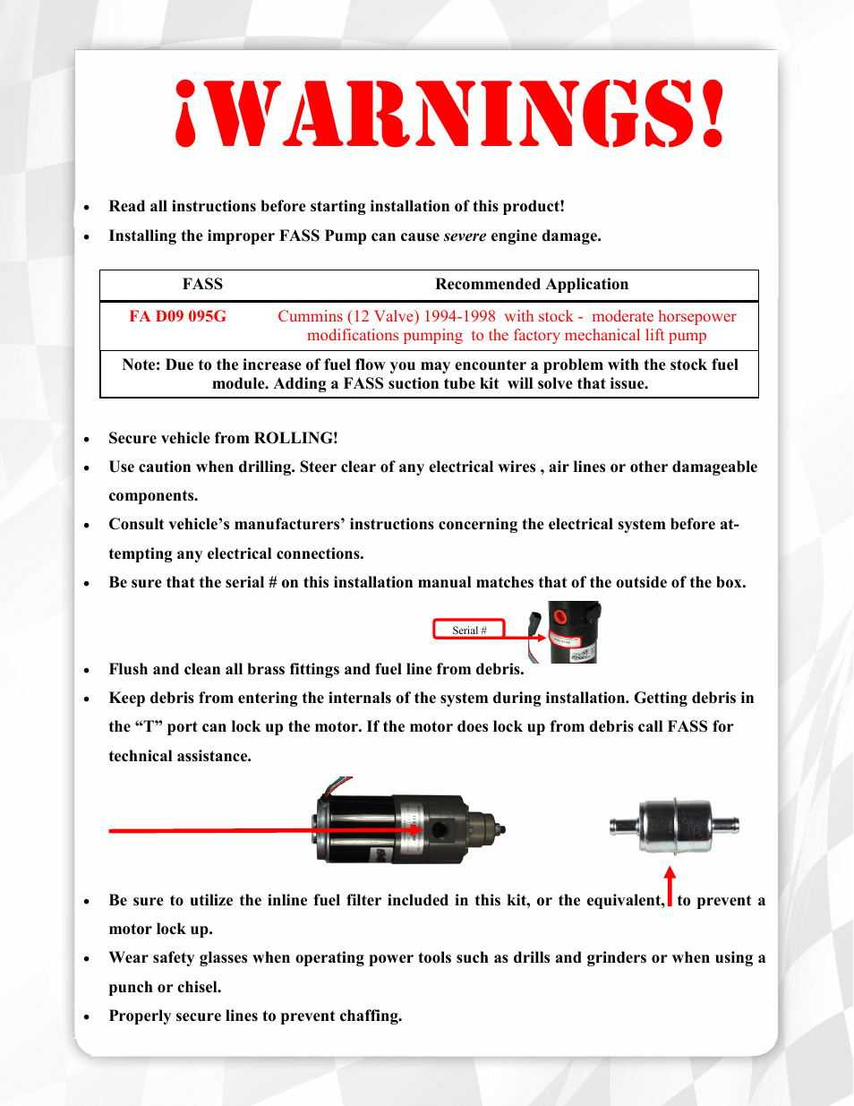 Warnings | FASS FA D09 095G User Manual | Page 3 / 15