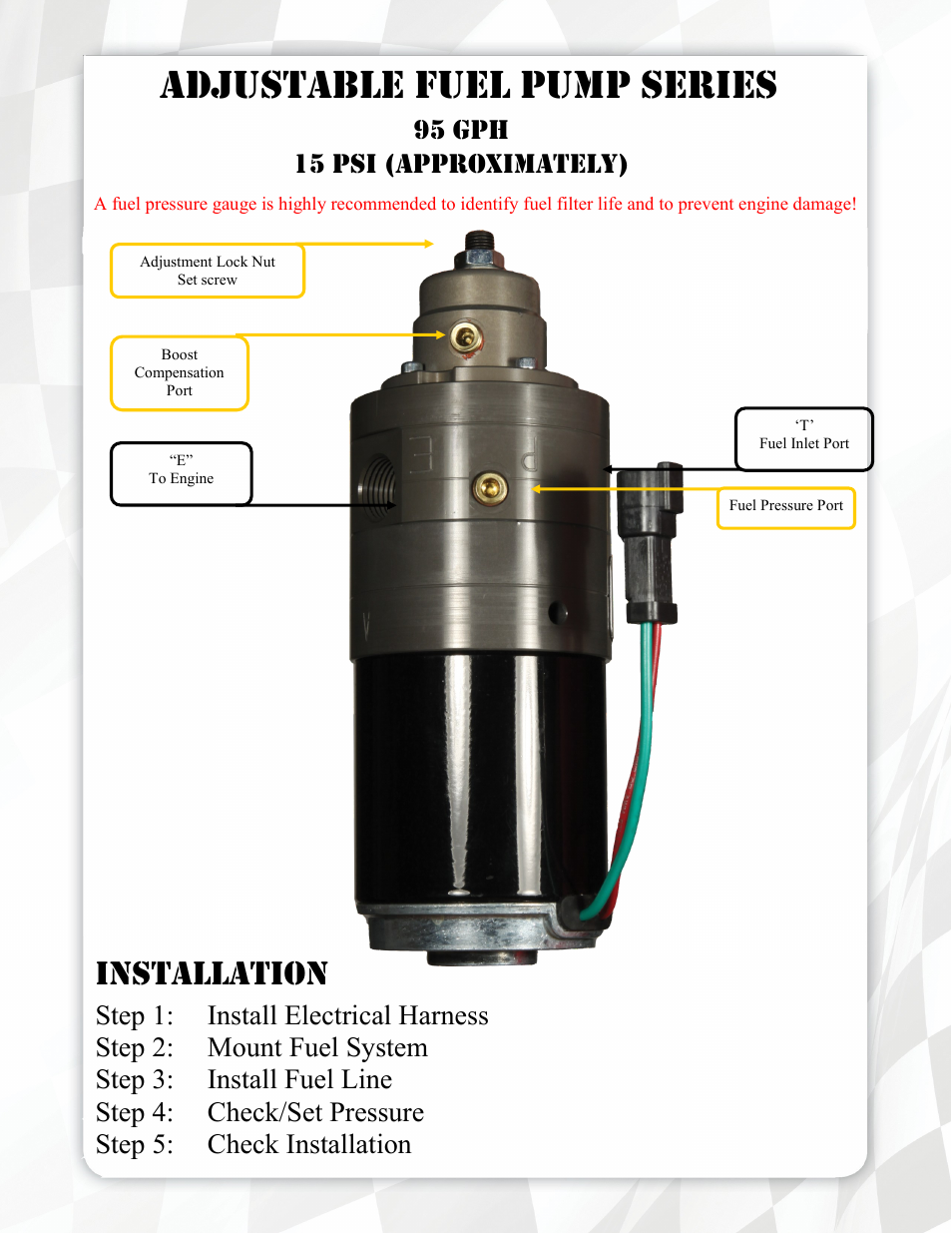 Adjustable fuel pump series, Installation | FASS FA D09 095G User Manual | Page 5 / 15