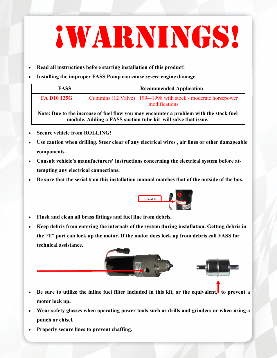 Warnings | FASS FA D10 125G User Manual | Page 3 / 18