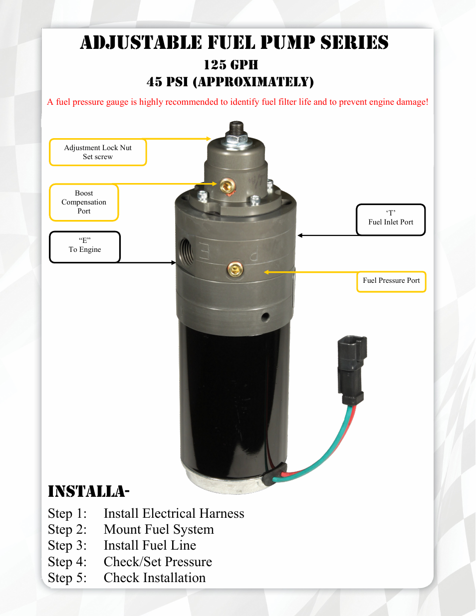 Adjustable fuel pump series, Installa | FASS FA D10 125G User Manual | Page 5 / 18