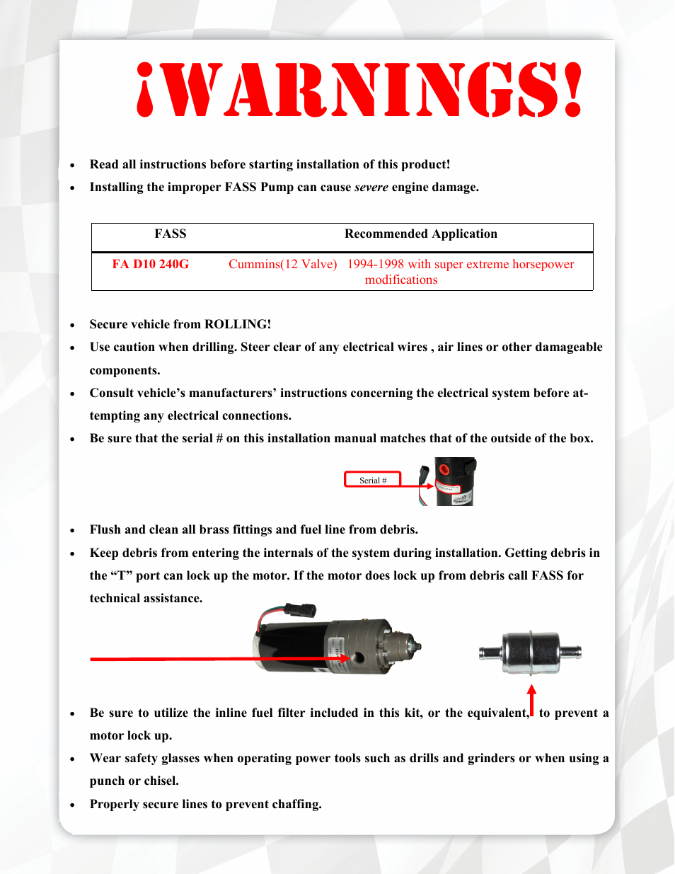 Warnings | FASS FA D10 240G User Manual | Page 3 / 19