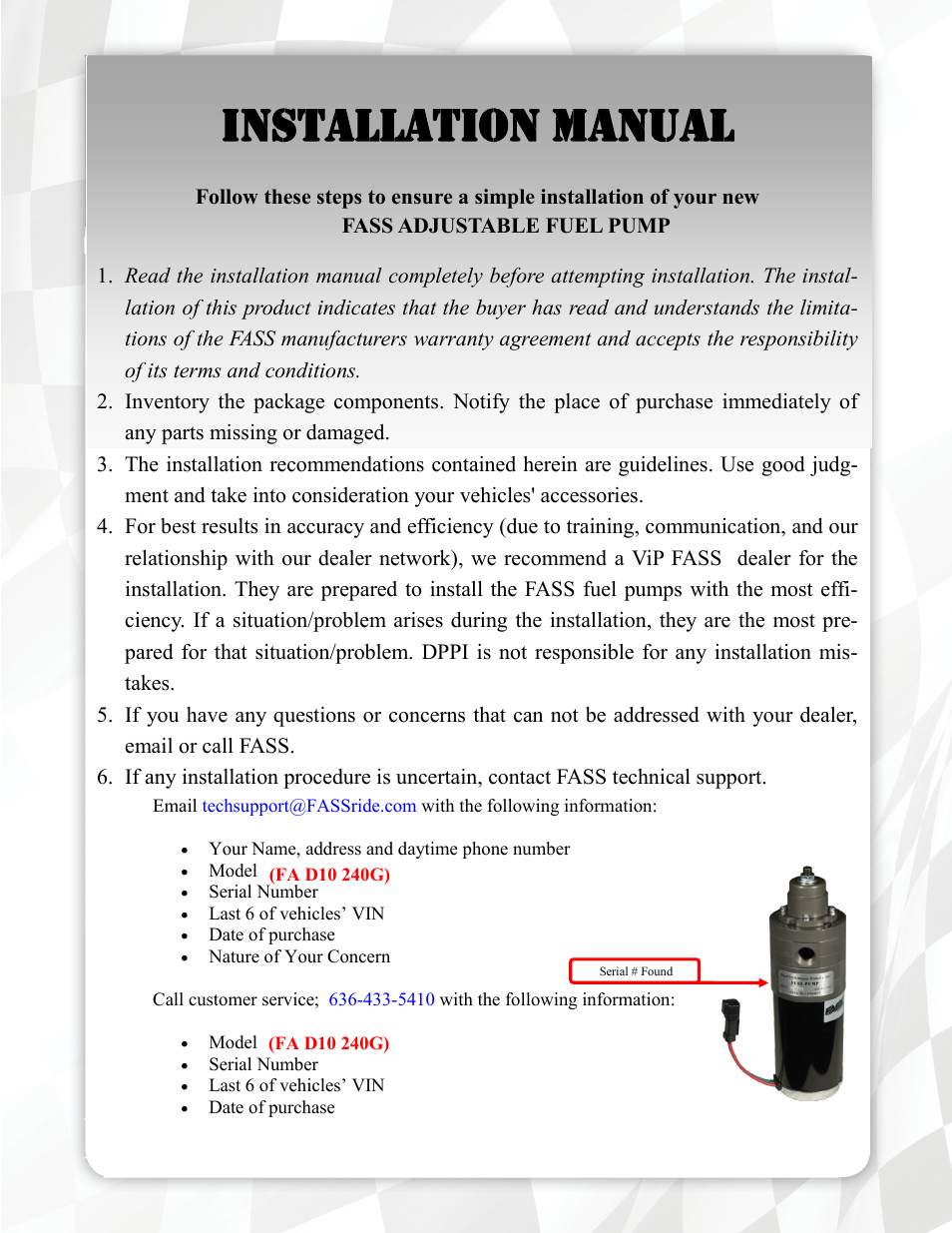 Installation manual | FASS FA D10 240G User Manual | Page 4 / 19