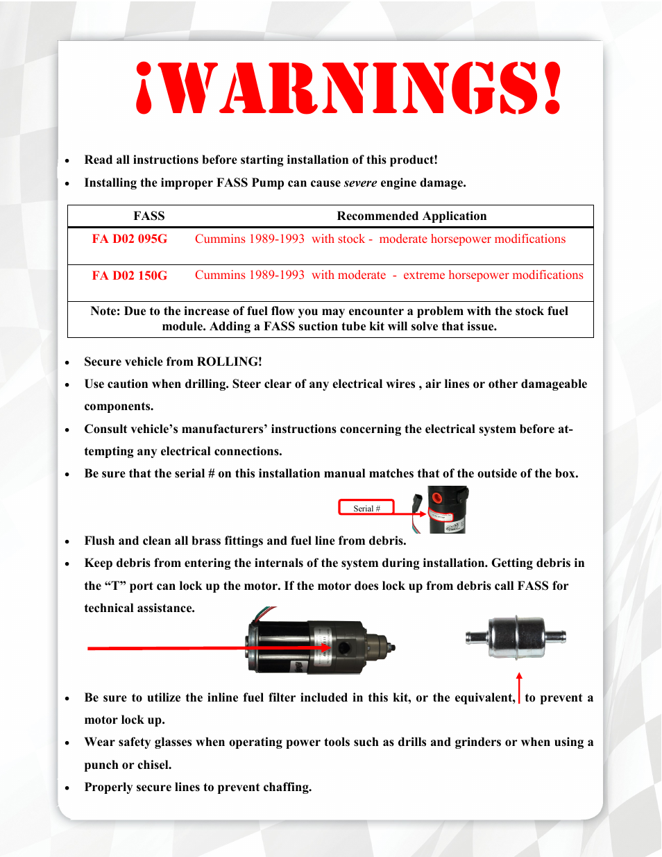 Warnings | FASS FA D02 150G User Manual | Page 3 / 15