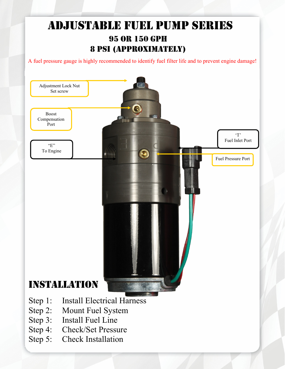 Adjustable fuel pump series, Installation | FASS FA D02 150G User Manual | Page 5 / 15