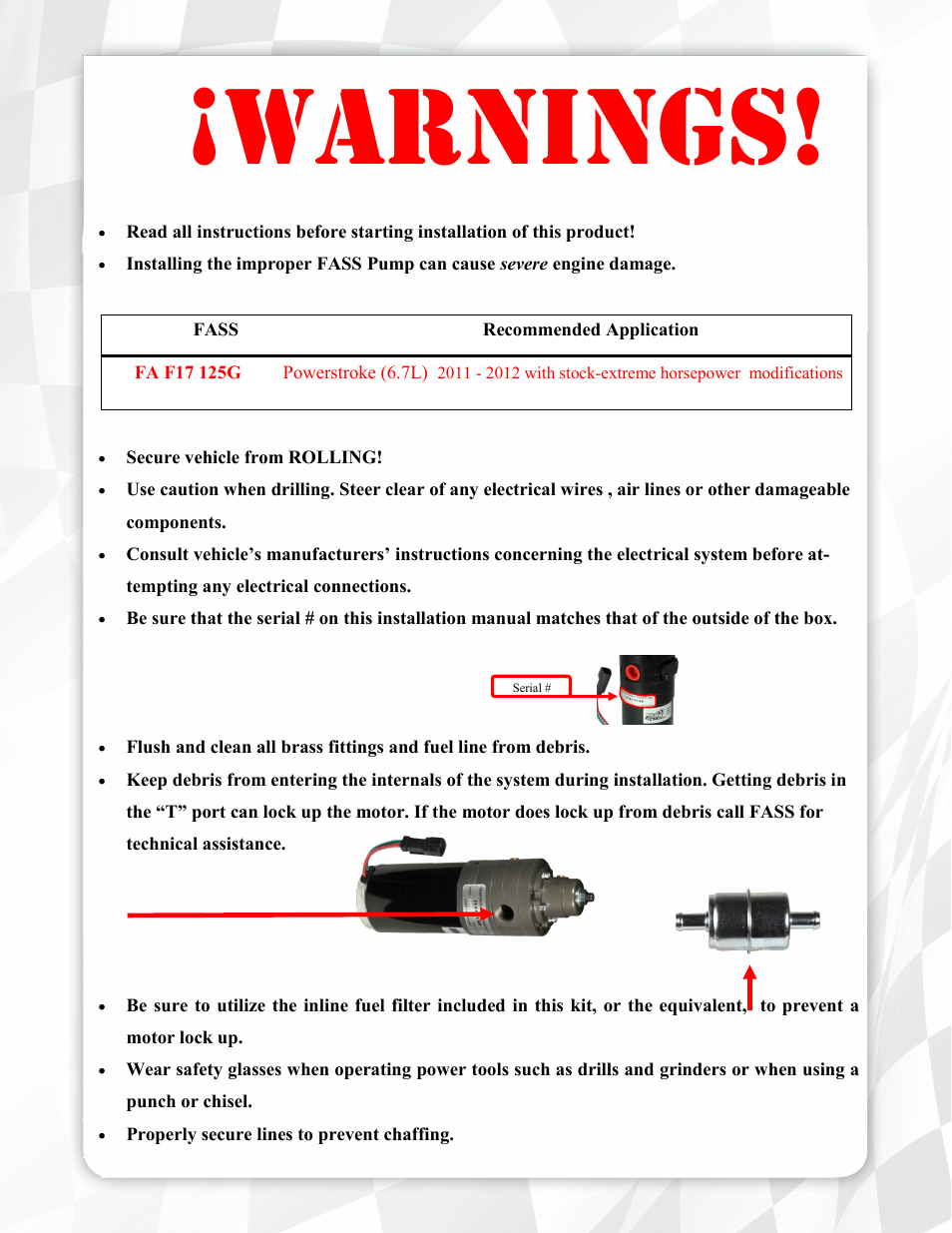 Warnings | FASS FA F17 125G User Manual | Page 3 / 19