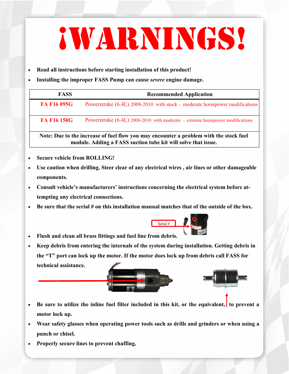 Warnings | FASS FA F16 150G User Manual | Page 3 / 16