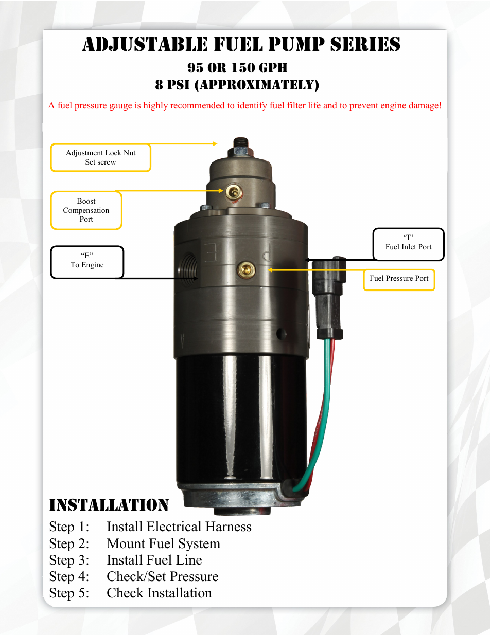 Adjustable fuel pump series, Installation | FASS FA F16 150G User Manual | Page 5 / 16