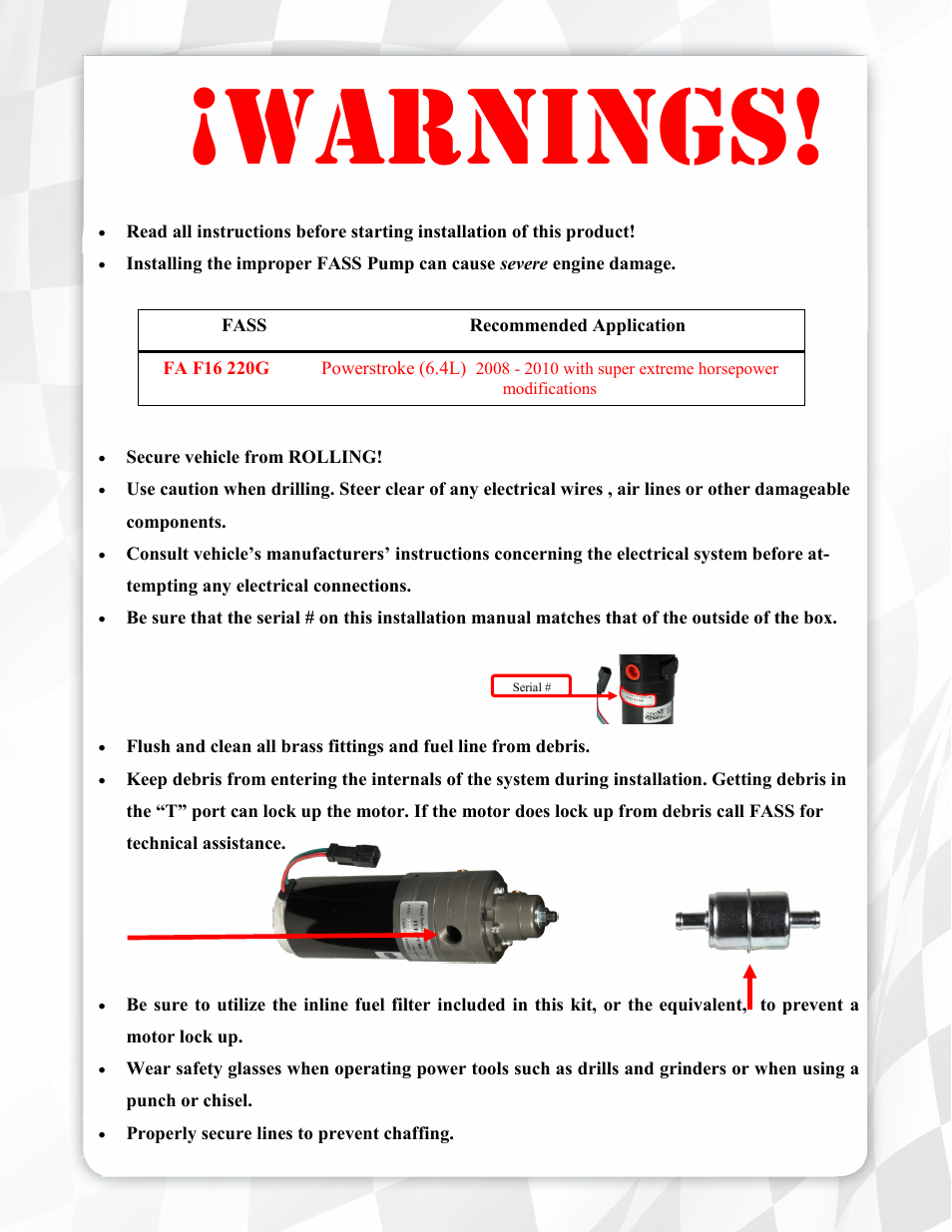 Warnings | FASS FA F16 220G User Manual | Page 3 / 16