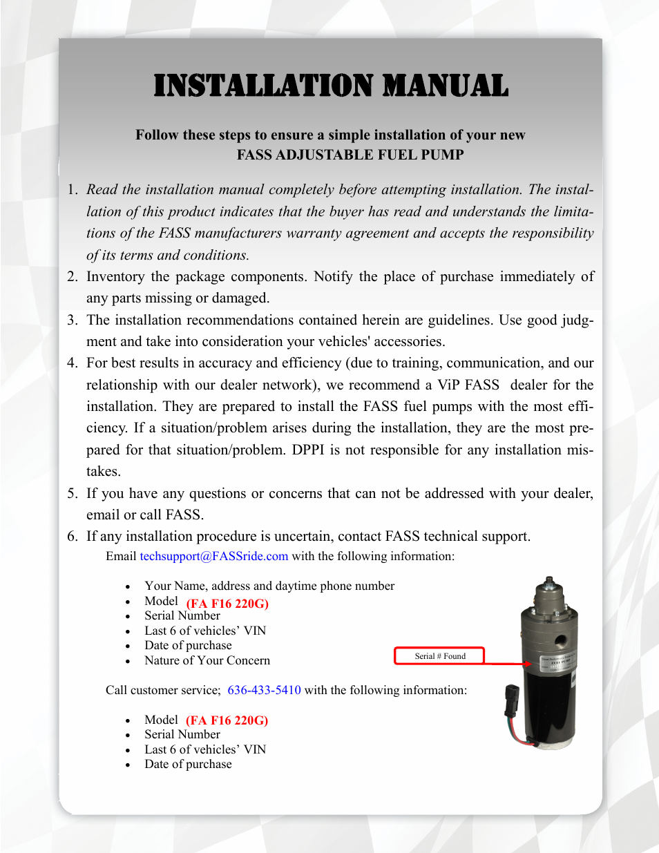 Installation manual | FASS FA F16 220G User Manual | Page 4 / 16