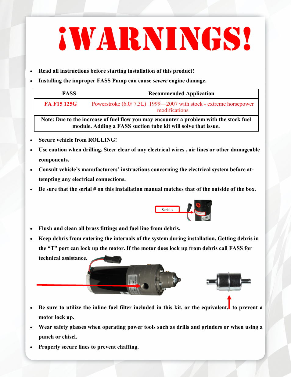 Warnings | FASS FA F15 125G User Manual | Page 3 / 18