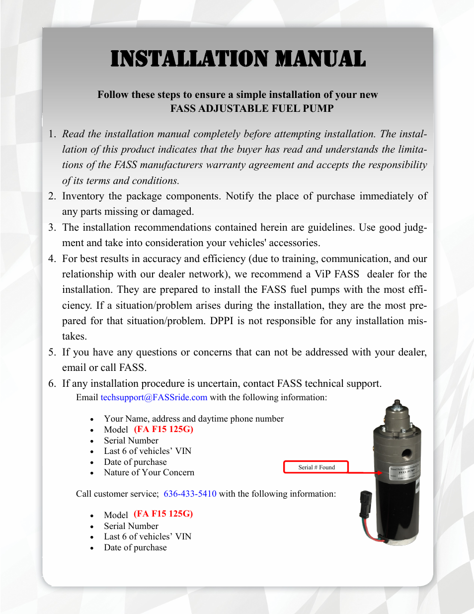 Installation manual | FASS FA F15 125G User Manual | Page 4 / 18