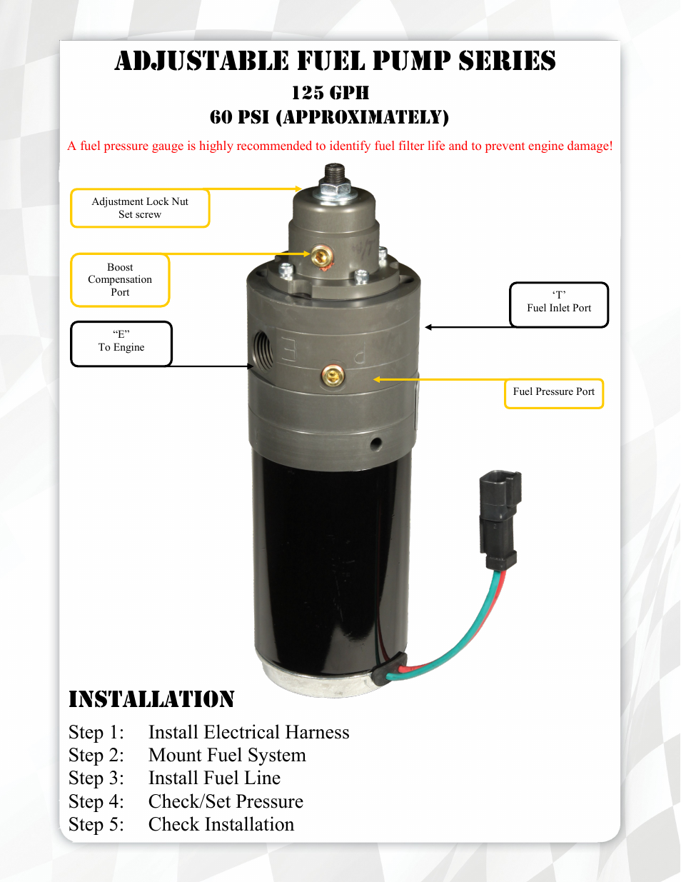 Adjustable fuel pump series, Installation | FASS FA F15 125G User Manual | Page 5 / 18