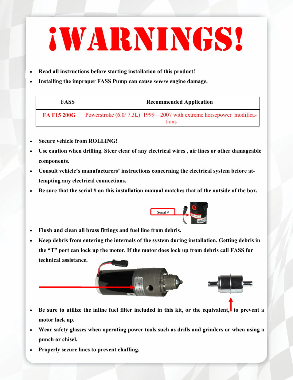 Warnings | FASS FA F15 200G User Manual | Page 3 / 18