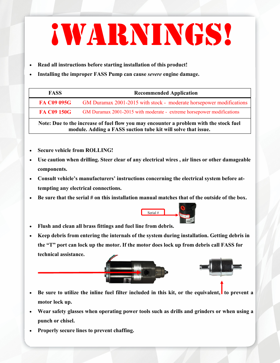 Warnings | FASS FA C09 150G User Manual | Page 3 / 17
