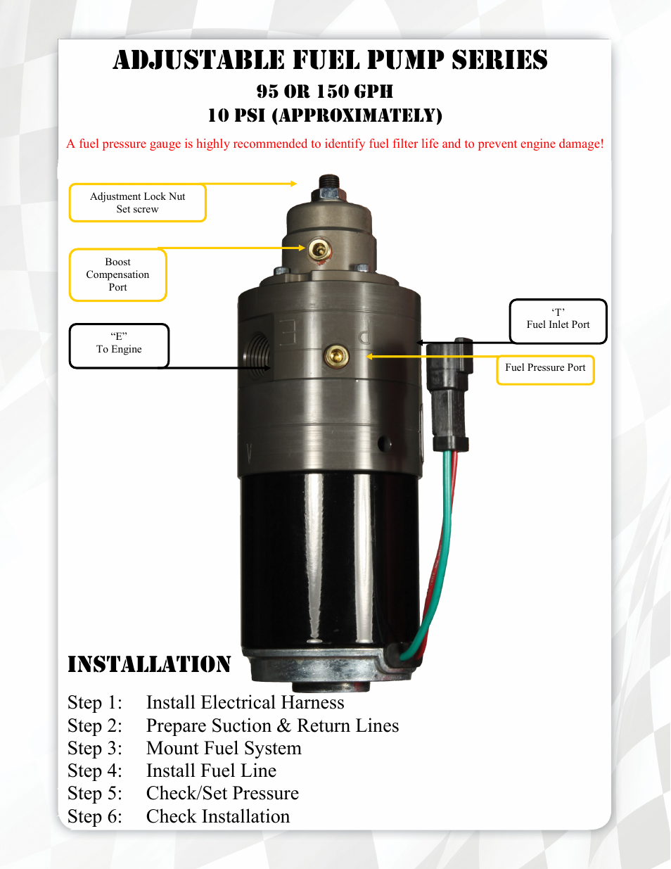 Adjustable fuel pump series, Installation | FASS FA C09 150G User Manual | Page 5 / 17