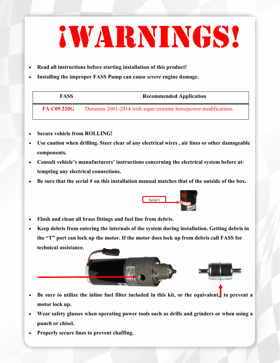 Warnings | FASS FA C09 220G User Manual | Page 3 / 17