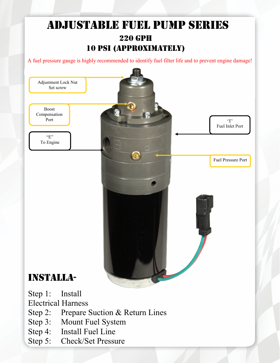 Adjustable fuel pump series, Installa | FASS FA C09 220G User Manual | Page 5 / 17