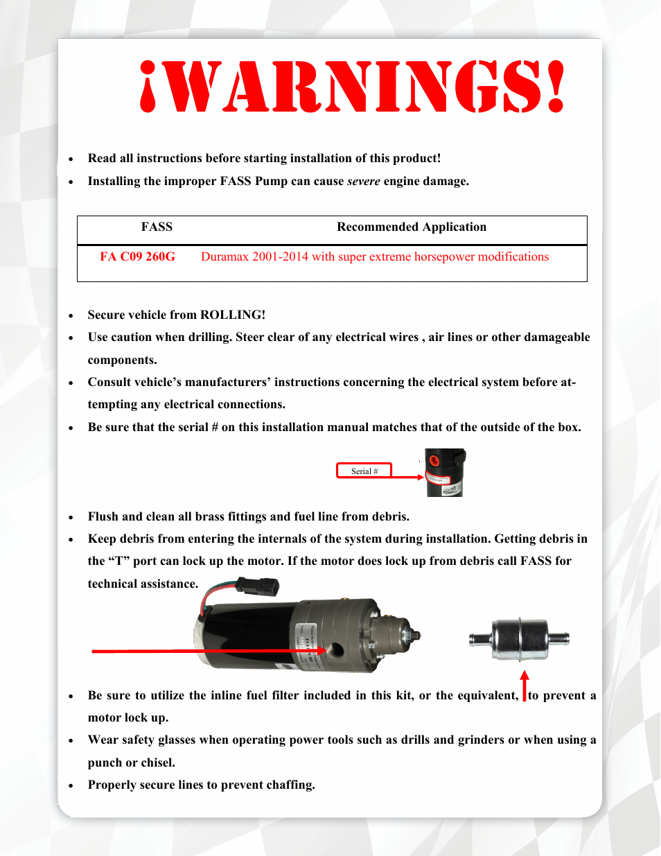 Warnings | FASS FA C09 260G User Manual | Page 3 / 17