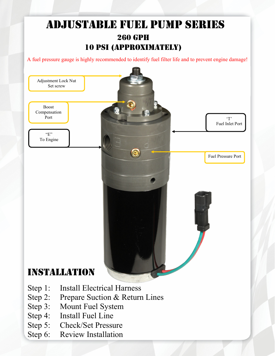 Adjustable fuel pump series, Installation | FASS FA C09 260G User Manual | Page 5 / 17