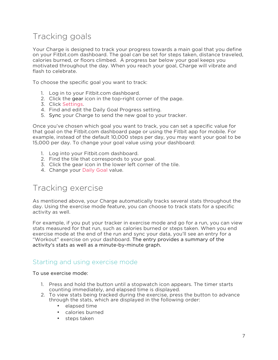 Tracking goals, Tracking exercise, Starting and using exercise mode | Fitbit Charge User Manual | Page 11 / 30